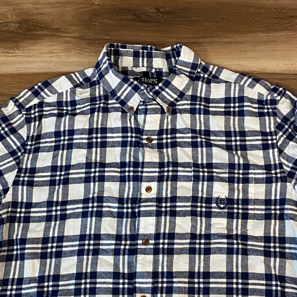 Chaps Performance Flannel Shirt Mens XL Long Sleeve Button Up Plaid White Blue
